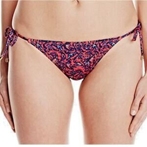 Lark & Ro Women's String Bikini BOTTOM - Paisley Navy Pink - Gold Cap - Sz Large